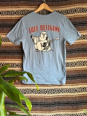 True Religion World Tour Buddha Graphic T-Shirt Blue Size S Small Vintage Style
